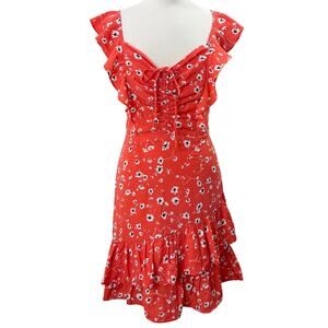 Lulus Size S Red Mini Dress On the Patio Floral Print Ruffled Coquette Milk Maid